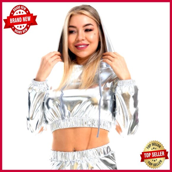 Tops - Shiny Metallic Crop Top Hoodie Long Sleeve Pullover Club Wear